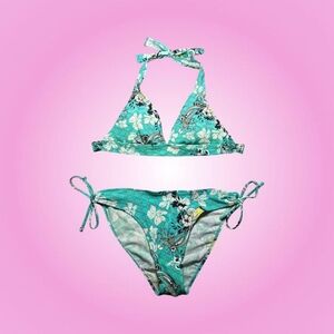 DeLaMer Women's Blue and White Floral Hawaiian Print Halter Tie Bikini Sets